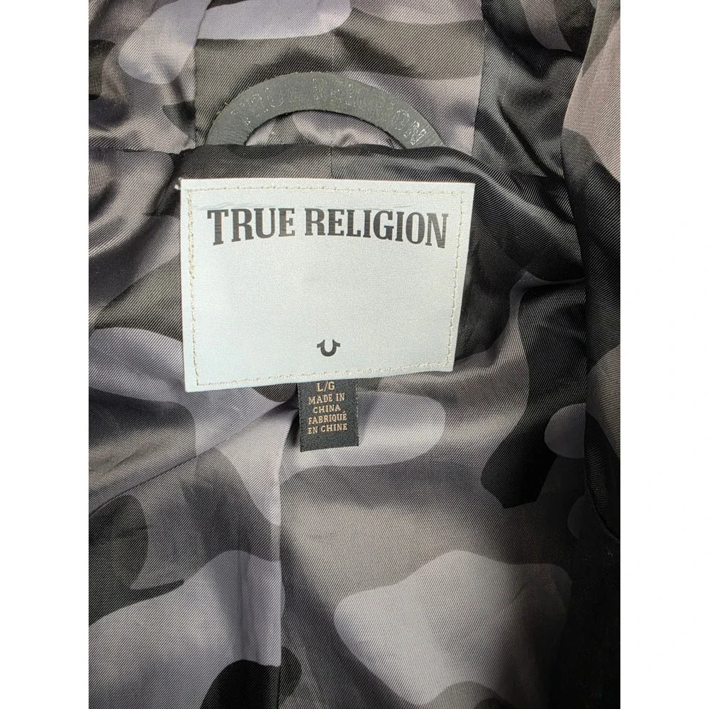 True Religion Moto Jacket‎ Mens Large Black Camo Lined Zip Hood Biker Reflective